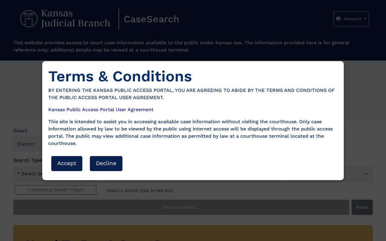 Kansas District Court CaseSearch home screen for Hodgeman County docket searches