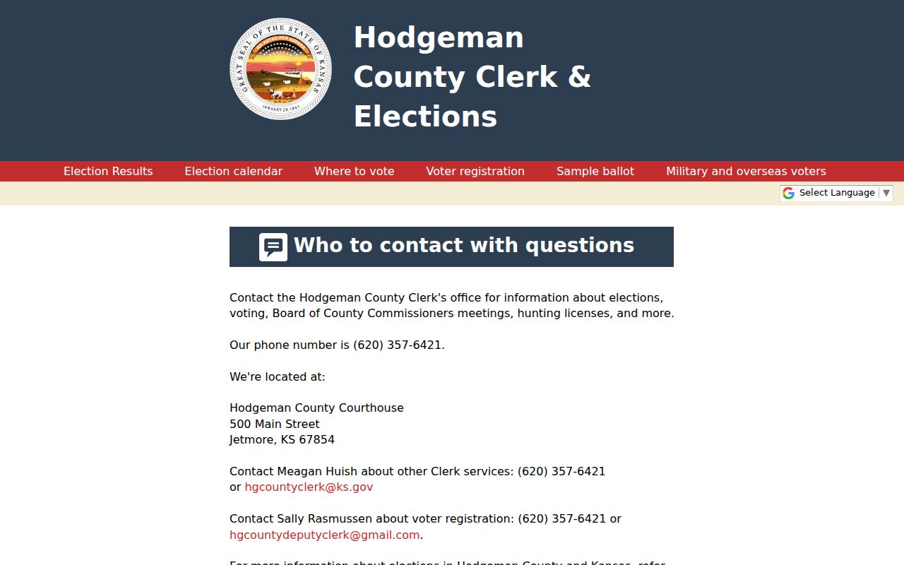 Hodgeman County administrative clerk and elections contact page