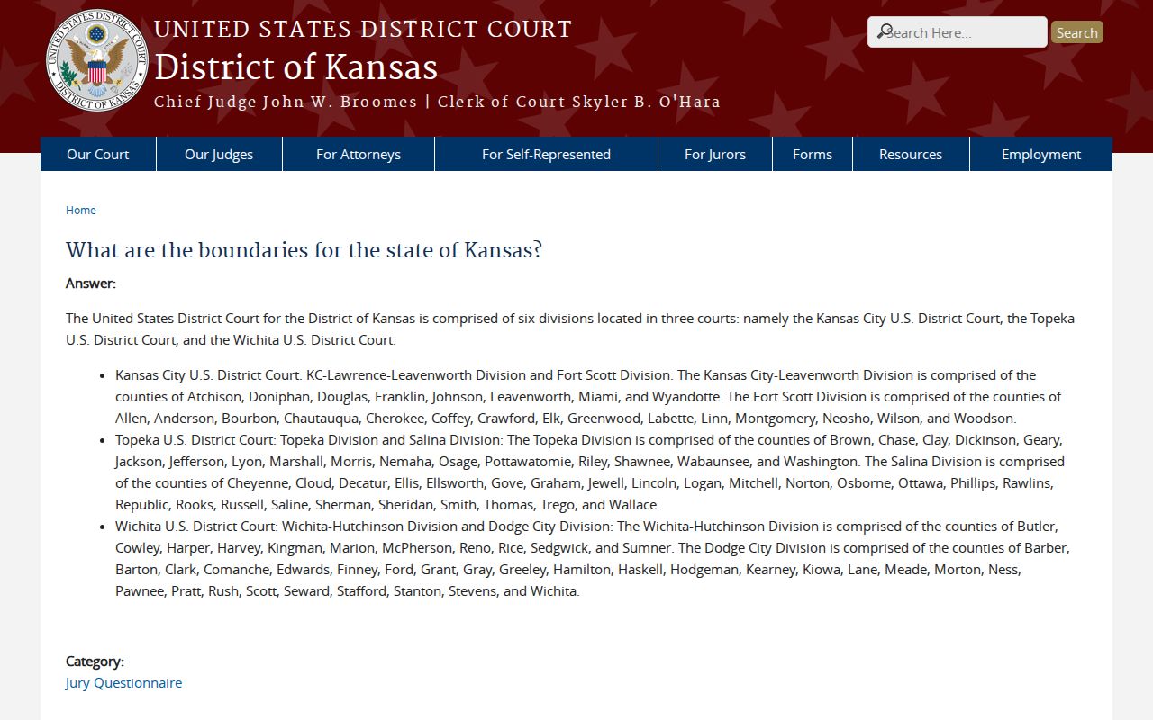 District of Kansas map placing Hodgeman County in the Dodge City Division