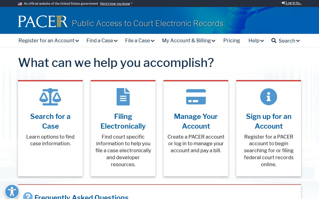 PACER federal court case search page